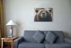 Canvas z niedźwiedziem powieszony w salonie nad szarą sofą