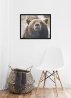 Plakat z niedźwiedziem w czarnej ramie powieszony na białej ścianie