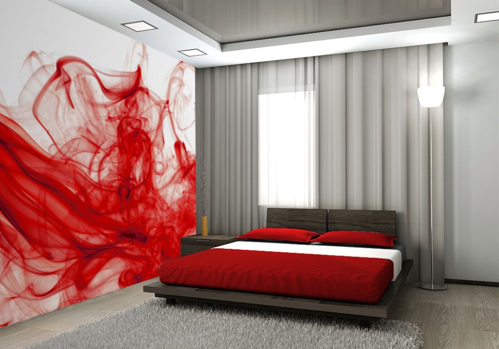 aranżacja fototapety z czerwonym dymem w nowoczesnej sypialni