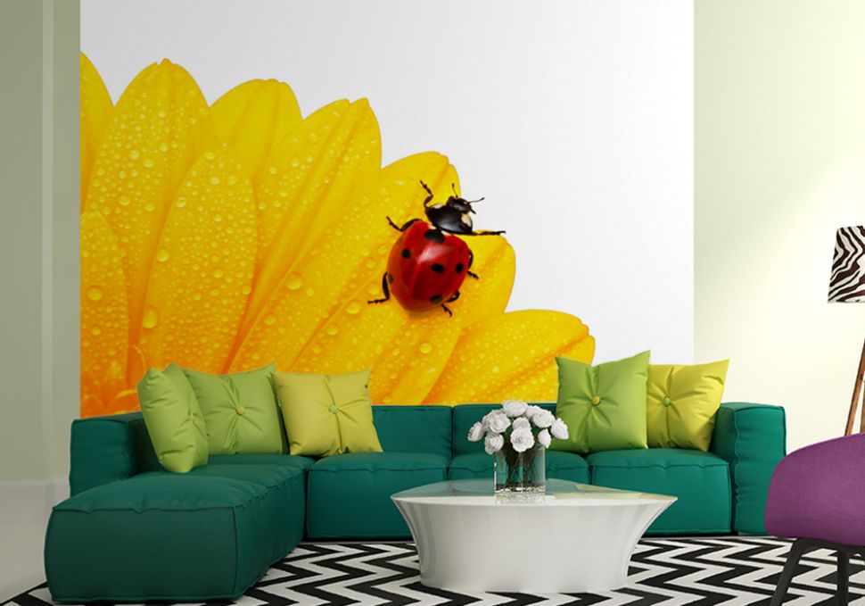 aranżacja fototapety z biedronką i żółtym kwiatem w białym pokoju za czerwoną sofą