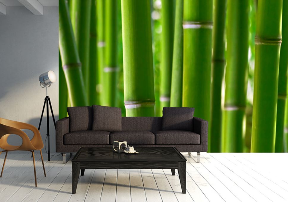 Zielone bambusy na fototapecie papierowej aranżacja na ścianie w salonie