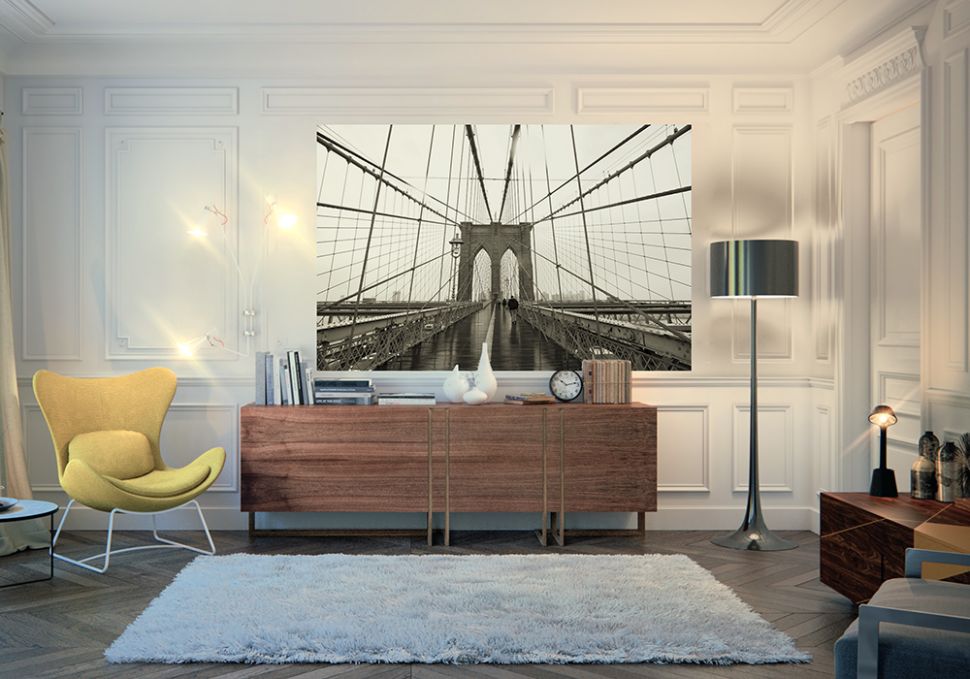 aranżacja fototapety z z filarem i siecią lin Brooklyn Bridge w białym pokoju nad białą kanapą