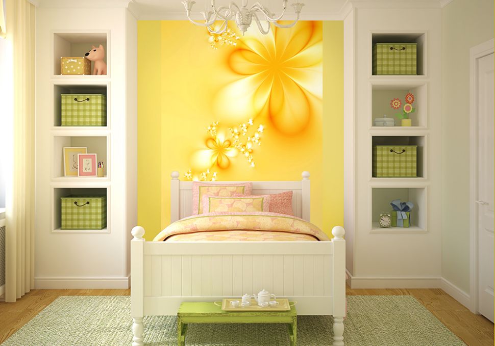 aranżacja fototapety z żółtym bukietem kwiatów w jasnej sypialni nad łóżkiem