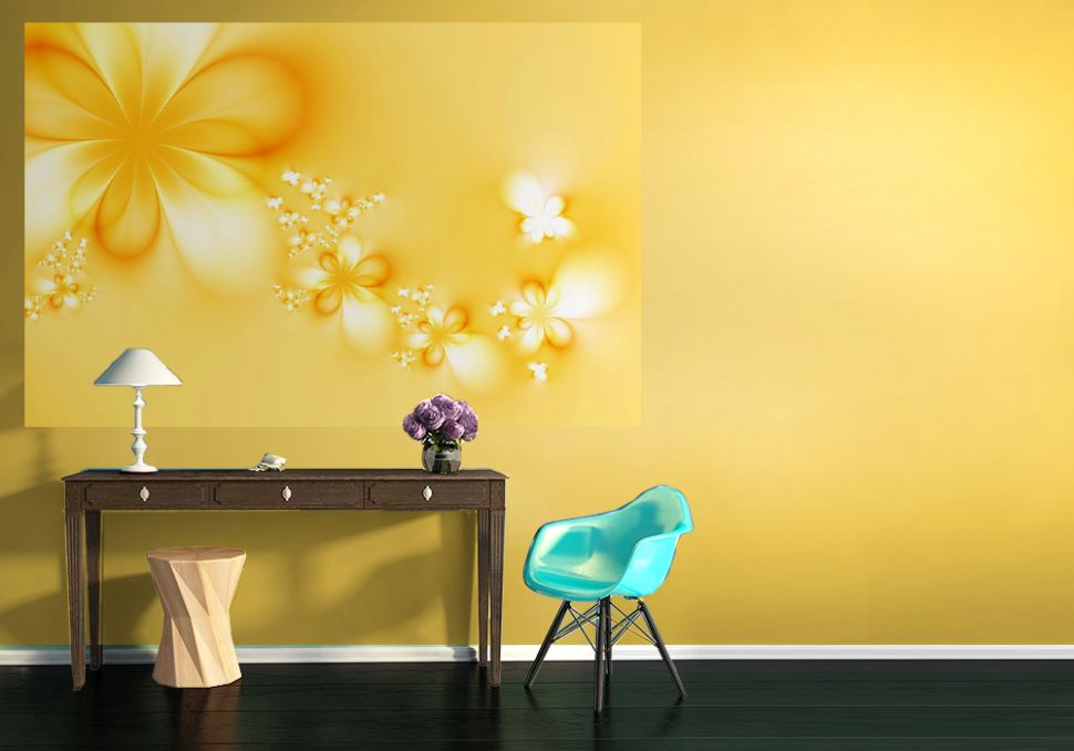 fototapeta z żółtymi kwiatami na białej ścianie w salonie