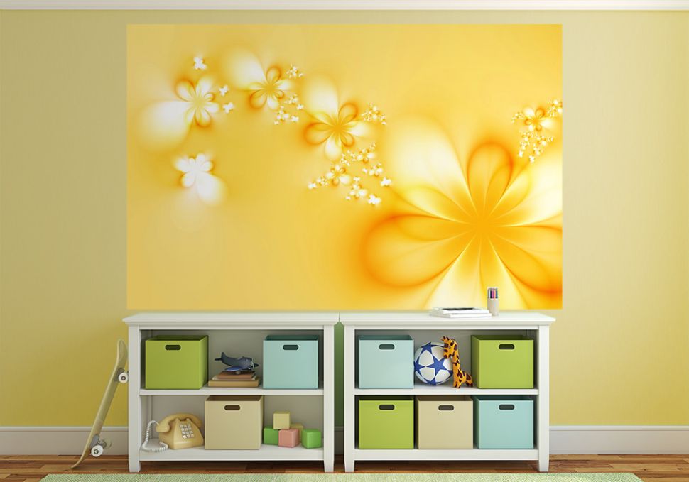 aranżacja fototapety z żółtymi kwiatkami w fioletowej sypialni