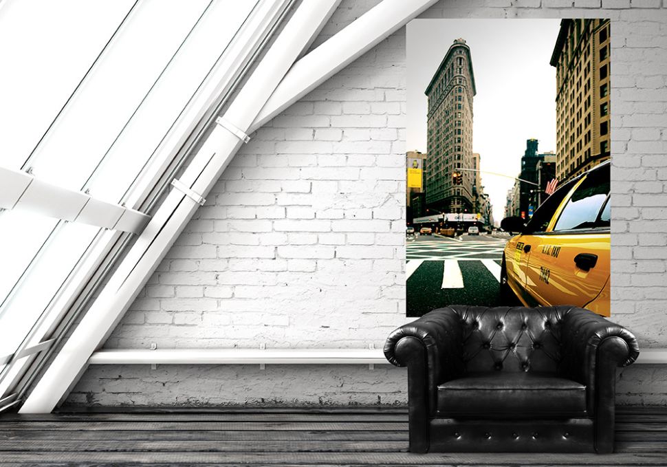 aranżacja fototapety z widokiem na ulicę w Nowym Jorku w szarym salonie