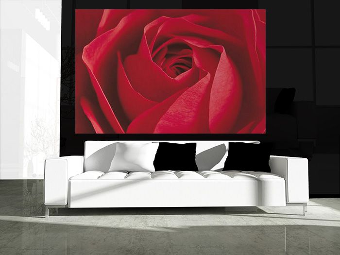 aranżacja obrazu z czerwoną różą w salonie nad czarno-białą sofą