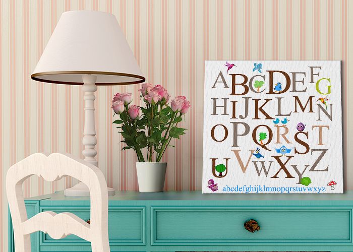 Kolorowy alfabet z małymi ptaszkami na białym tle w romantycznym pokoju