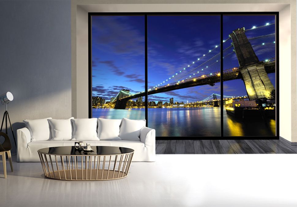 Sypiania z białym łożem i nowoczesnymi meblami udekorowana ogromną fototapetą na ścianę z mostem Bruklinskim w Nowym Jorku