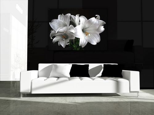 aranżacja obrazu na płótnie z kwiatami białej lilii na czarnym tle nad białą sofą w salonie
