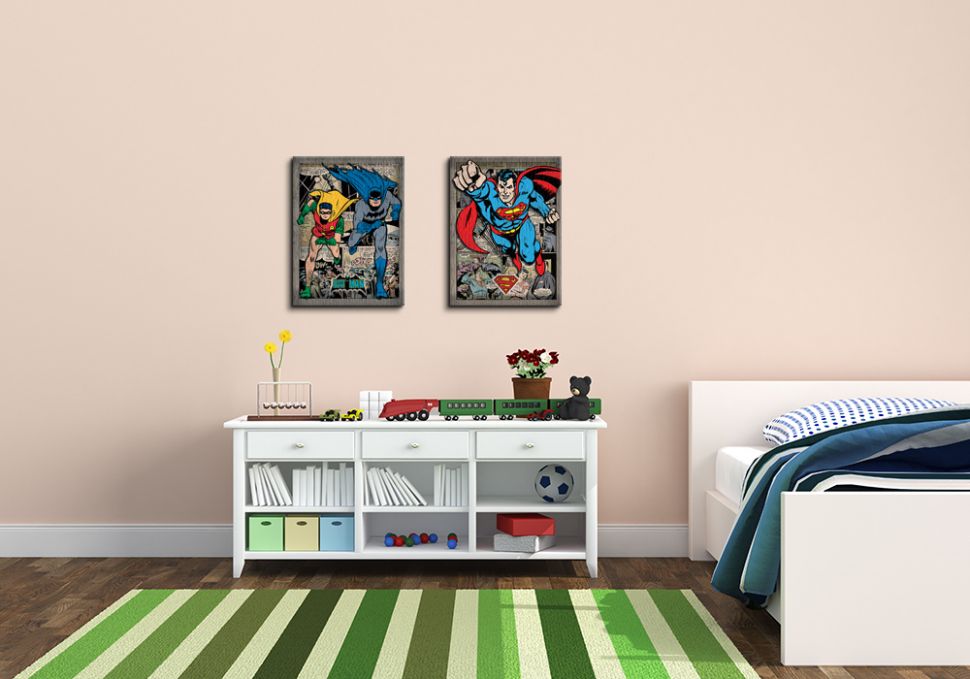 Aranżacja obrazów na płótnie przedstawiających postacie z komiksów Supermana Batmana i Robina