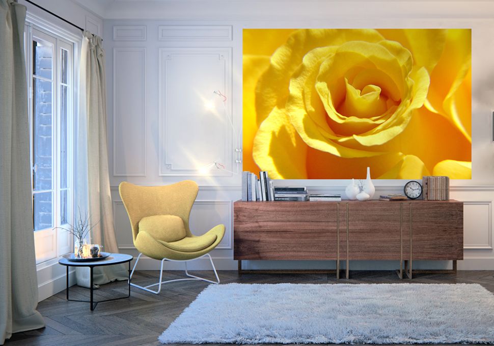 aranżacja z żółtą różą na fototapecie i białą kanapą