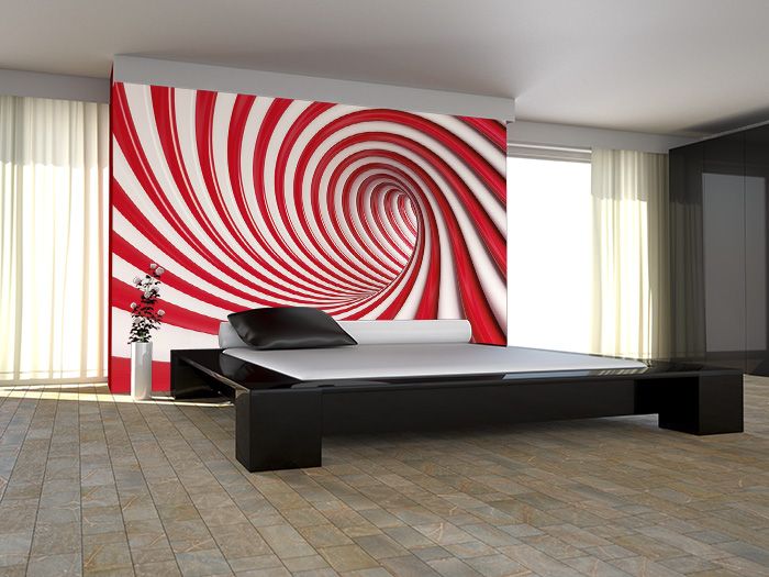 aranżacja fototapety z czerwonym tunelem w nowoczesnej sypialni