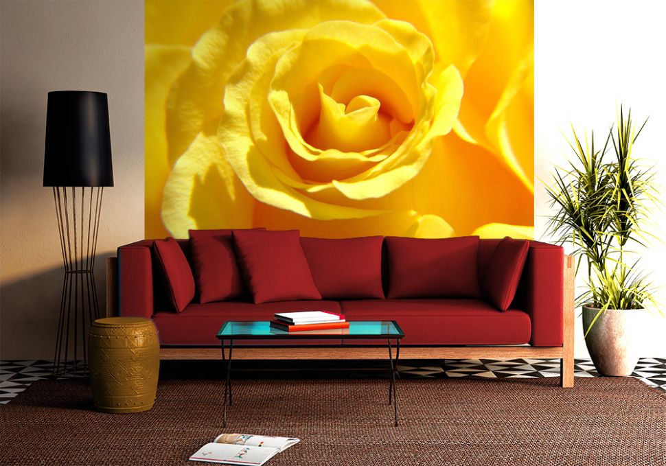 Fototapeta z żółtą różą w pokoju z zielonym fotelem