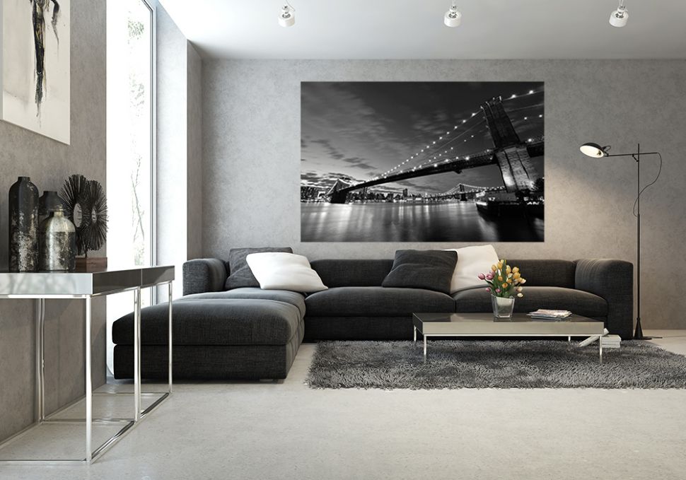 fototapeta ze zdjęciem panoramy nowego jorku i brooklyn bridge w pokoju z białą ścianą i drewnianą podłogą