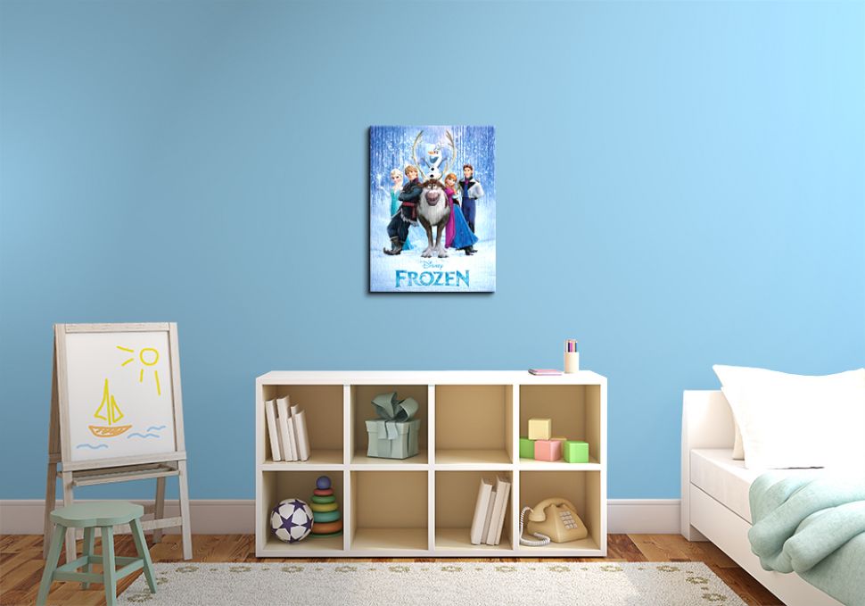 Obraz na płótnie przedstawia głóne postacie z filmu Frozen na niebieskim tle