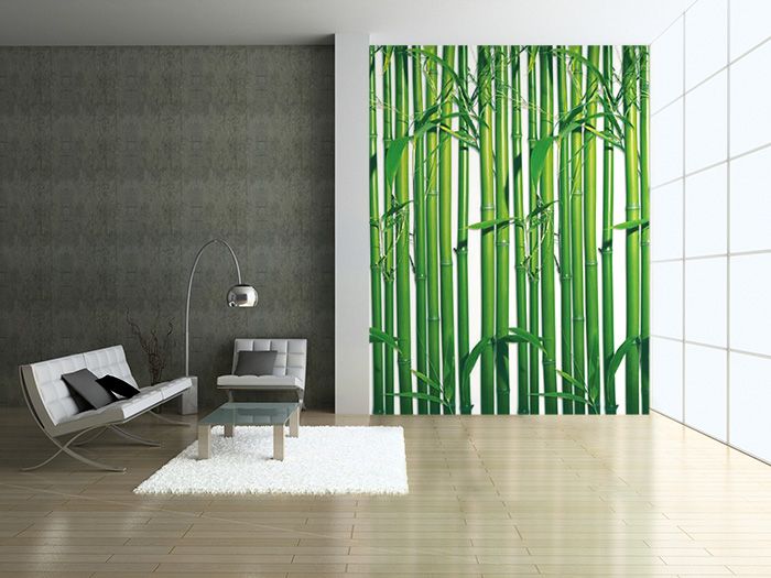 aranżacja fototapety z zielonymi bambusami w przestronnym salonie