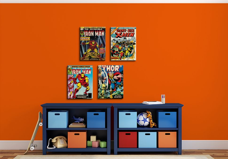 Obrazki na ściane o rozmiarze 30x40 przedstawiają kolorwe okładki komiksów