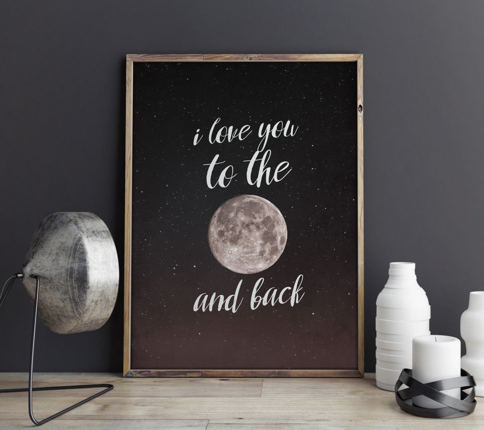 I love you to the moon and back - plakat 50x70 cm oprawiony w postarzaną ramkę