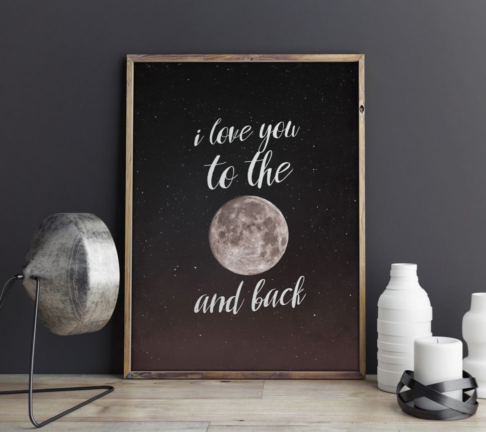 I love you to the moon and back - plakat 40x50 cm oprawiony w postarzaną ramę z drewna