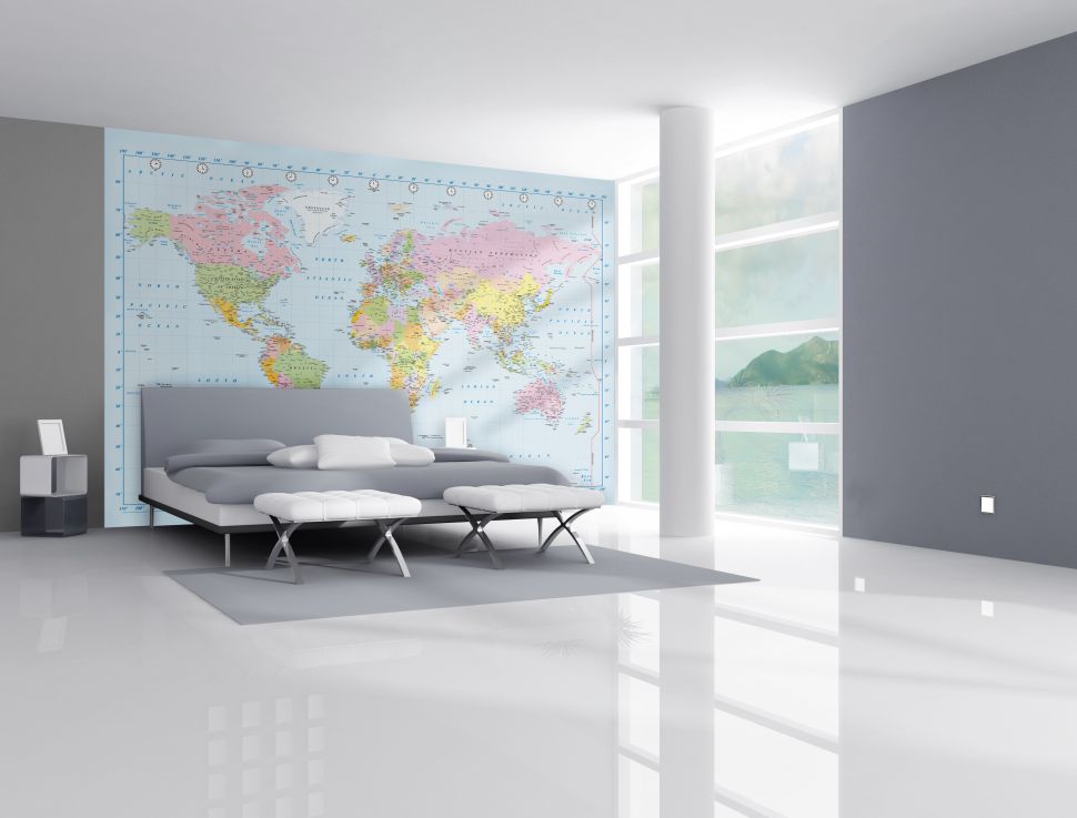 Salon z fototapetą przedstawiającą ogromną mapę świata