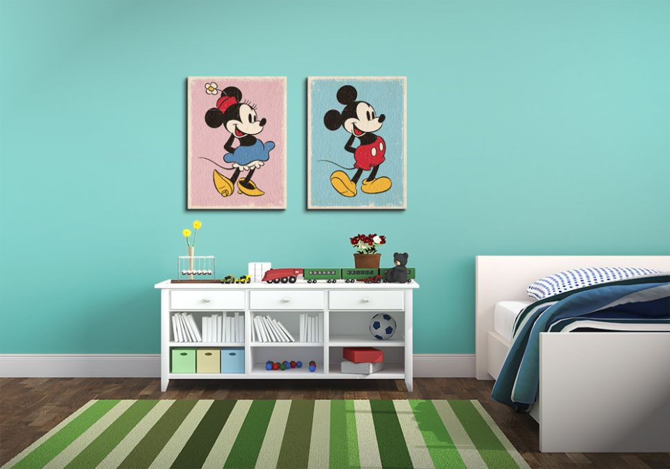 Obraz o rozmiarze 60x80 przedstawia Mickey Mouse w stylu retro