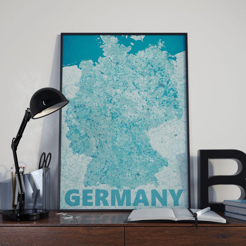 wnętrze z mapą niemiec w nowoczesnym stylu oprawioną w ramkę 61x91,5 cm