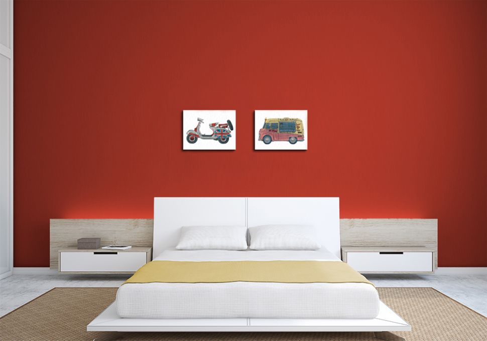 Obrazki 40x30 przedstawiają vana i vespę
