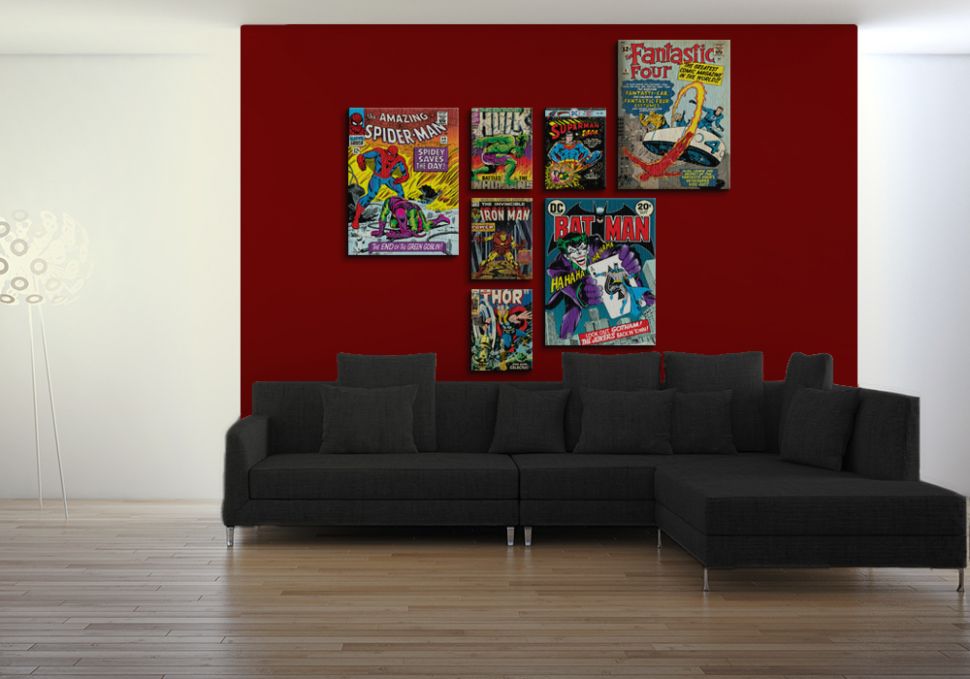 Obrazy o różnych rozmiarach przedstawiające okładki komiksów Dc Comics i Marvel Comics