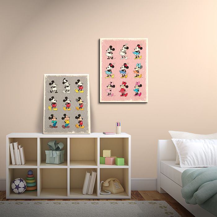 Obrazki na płótnie przedstawiają postać Myszki Mini i Myszki Miki na kolorowych tłach