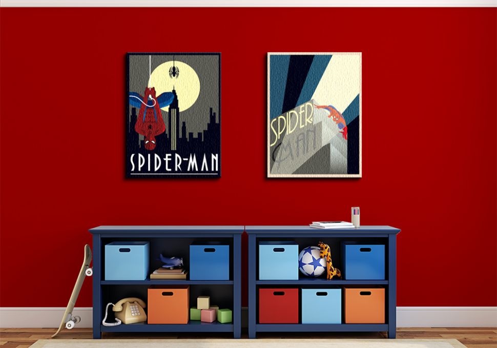 Aranżacja obrazów na płótnie przedstawiających grafikę z Spidermanem