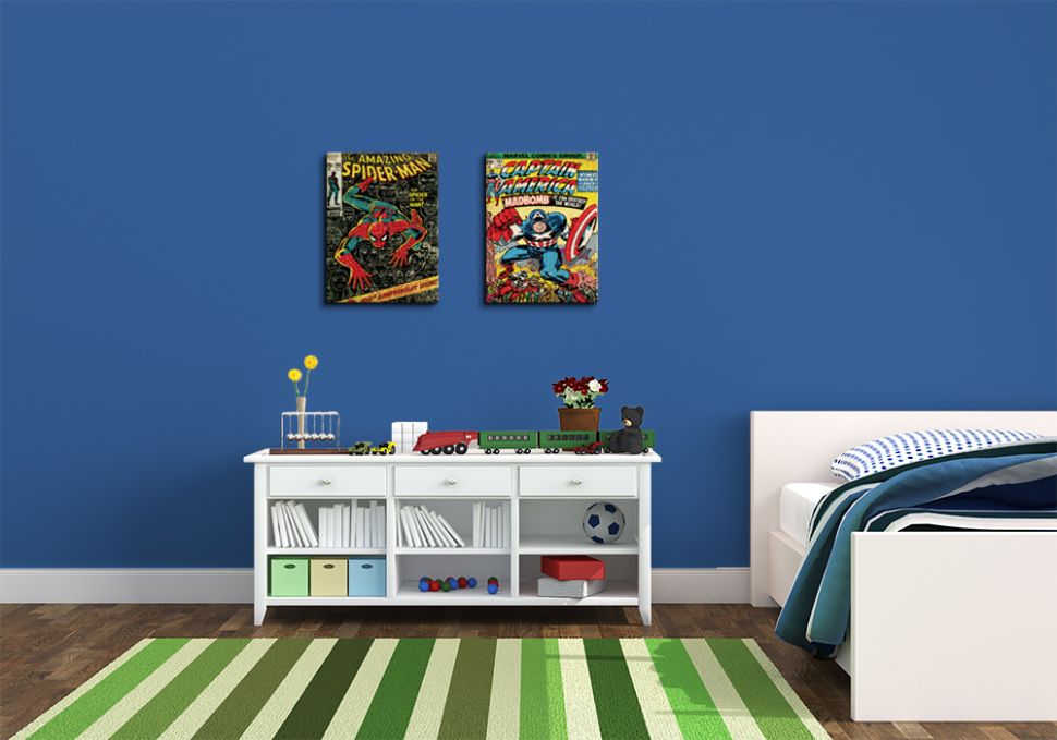 Obrazki 30x40 przedstawiają postacie z Marvel Comics Kapitana Amerykę i Spidermana
