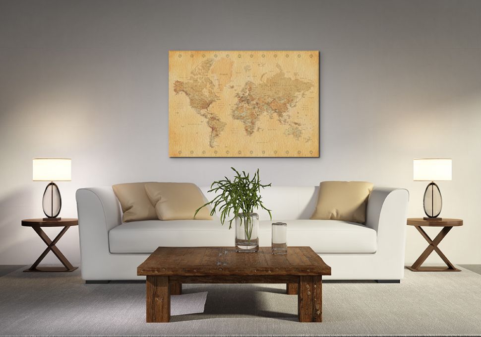 Duży obraz o wymiarach 120x85 przedstawia mapę całego świata w stylu vintage