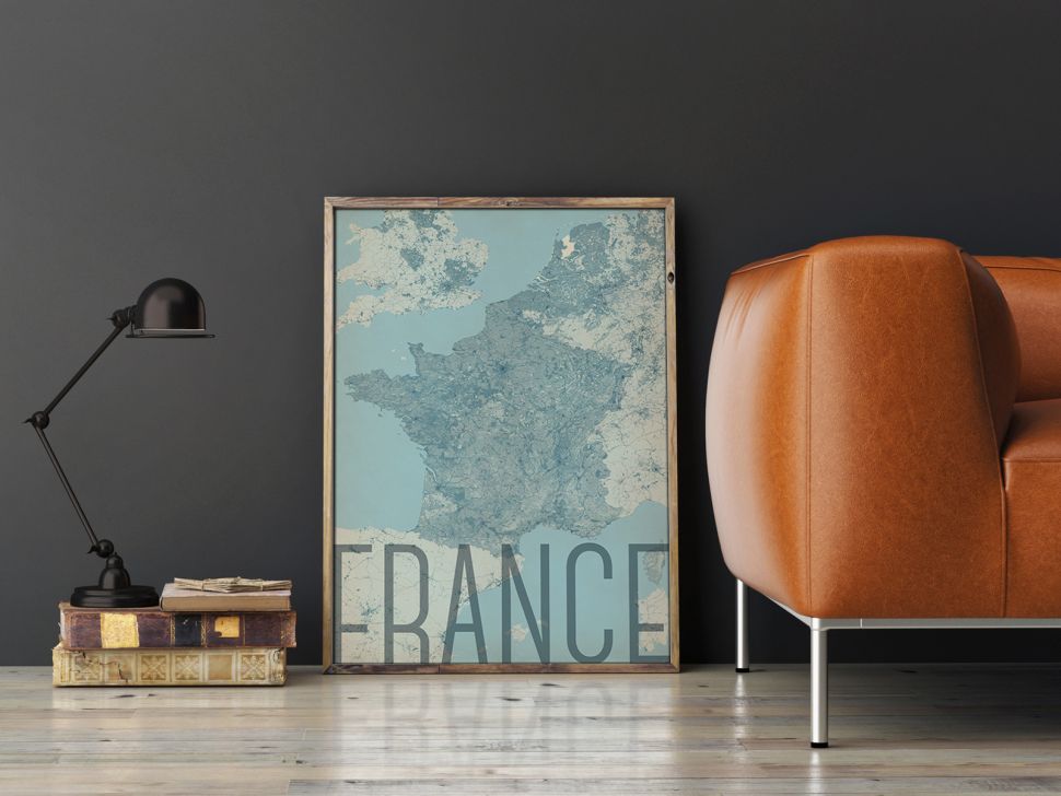 wnętrze z mapą francji w stylu vintage oprawioną w ramkę 61x91,5 cm