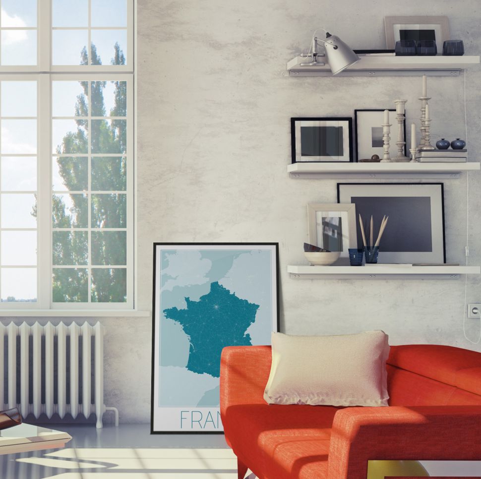 pokój z mapą francji oprawioną w ramkę 61x91,5 cm