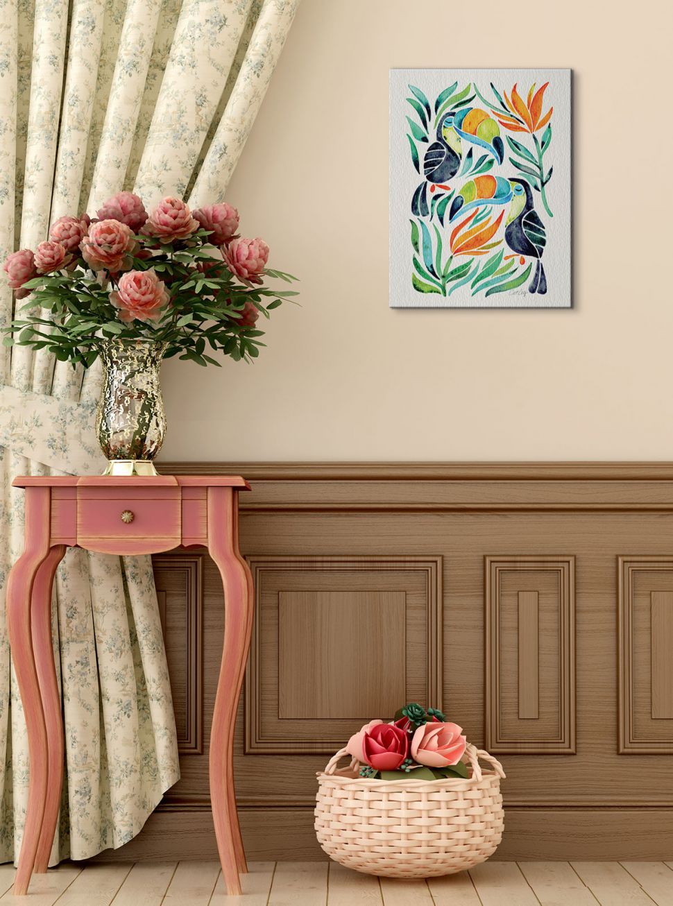 Obraz na ścianę do pokoju Cat Coquillette zatytułowany Tropical Toucans wymiary płótna 30x40 cm
