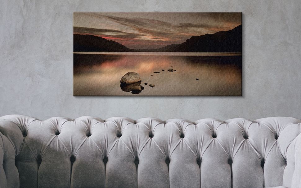 Obraz na ścianę do salonuIan Winstanley zatytułowany Ullswater Rocks wymiary płótna 100x50 cm