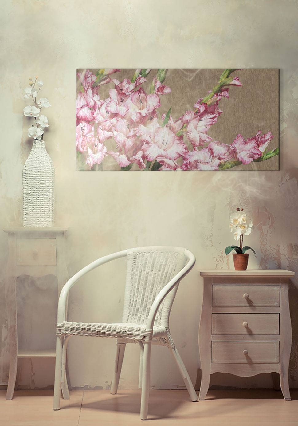 Obraz wiszący w pokoju na ścianie przedstawiający kwiaty mieczyki