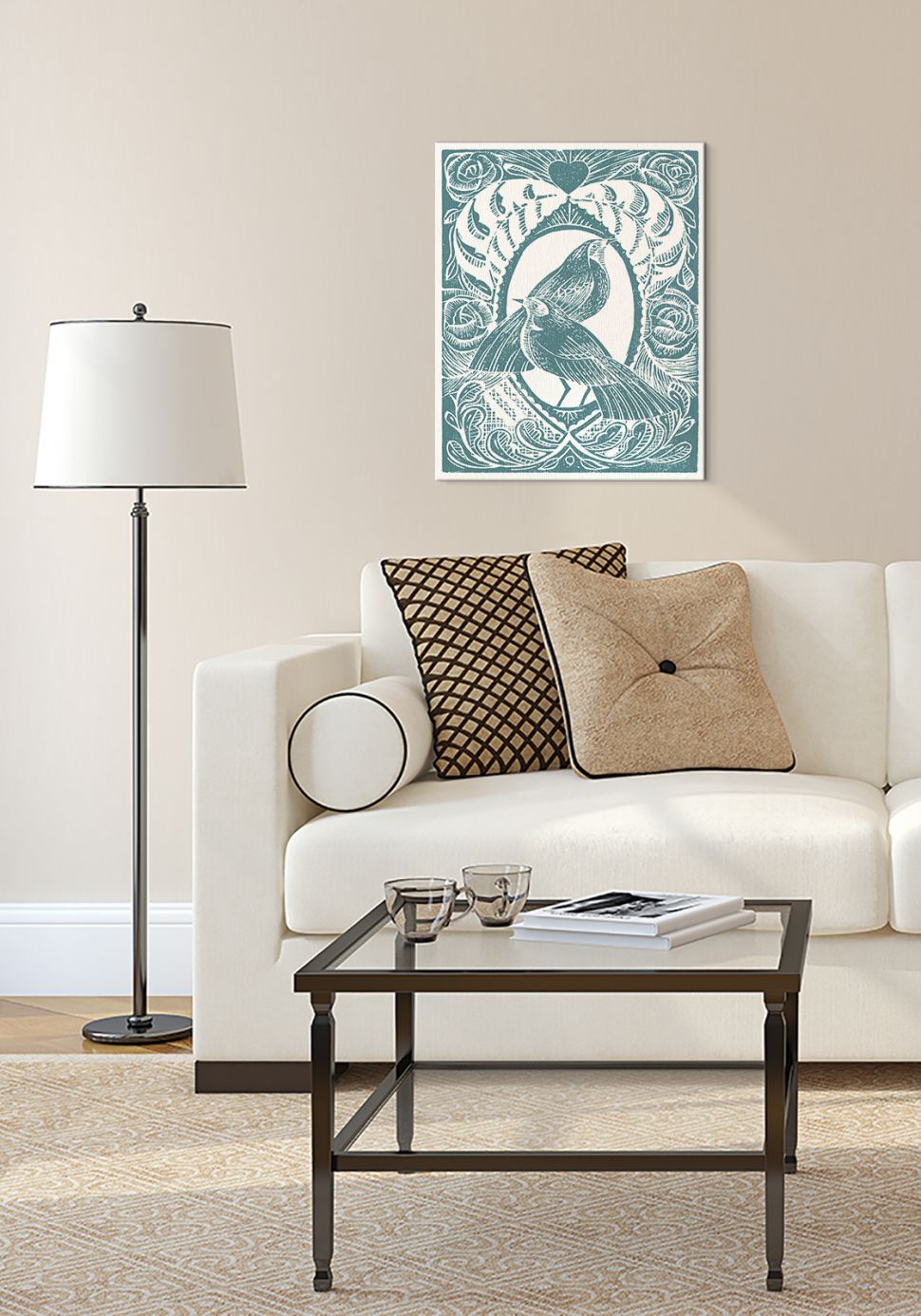 Obraz wiszący w salonie nad białą kanapą przedstawiający ptaki