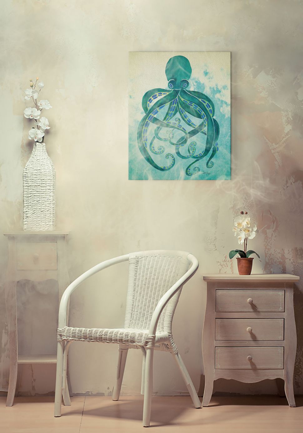 Obraz naścienny wiszący w pokoju nad fotelem przedstawiający turkusową ośmiornicę