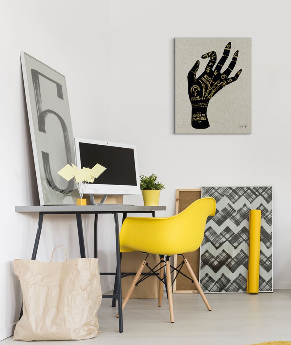 Obraz na płótnie wiszący w pokoju nad biurkiem przedstawiający dłoń na której rozrysowane są linie papilarne