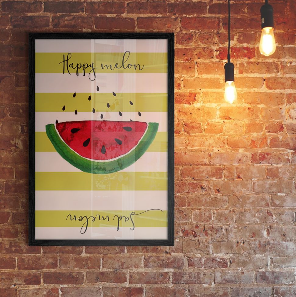 Happy melon sad melon - plakat wiszący na ścianie, oprawiony w czarną ramkę o wymiarach 61x91,5 cm