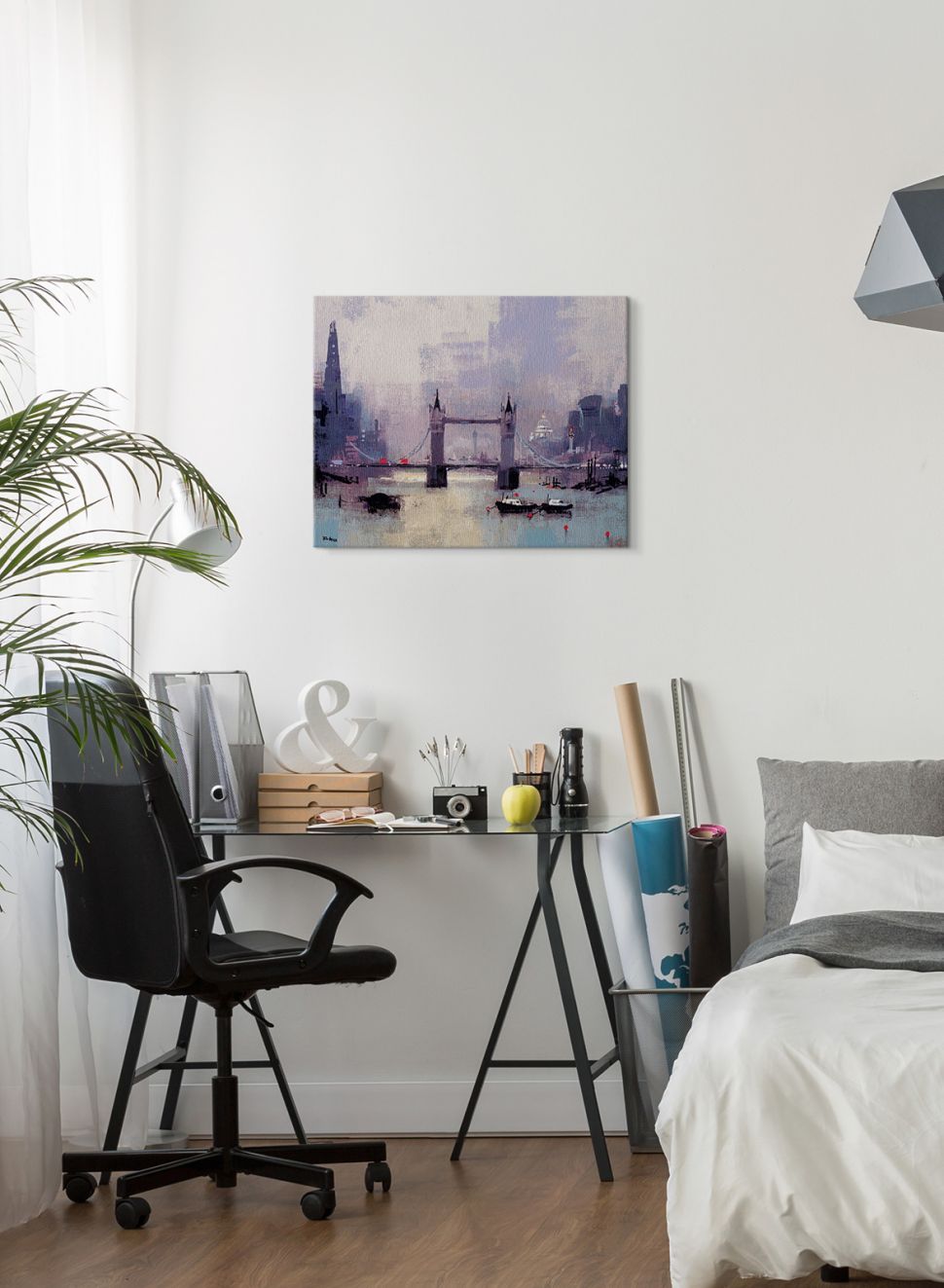 Obraz na płótnie wiszący w nowocześnie urządzonej sypialni przedstawiający Tower Bridge