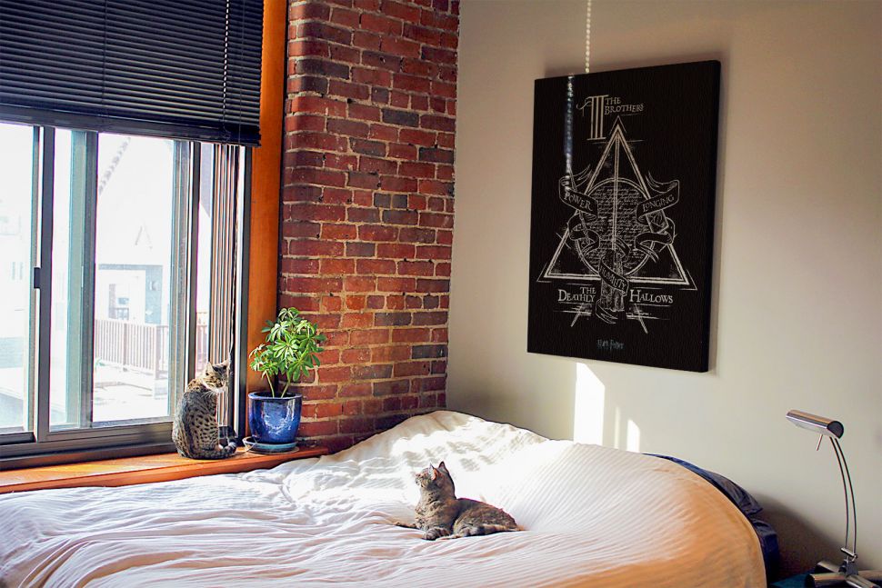 Obraz na płótnie wiszący w sypialni na białej ścianie nad łóżkiem przedstawiający insygnia śmierci z filmu Harry Potter