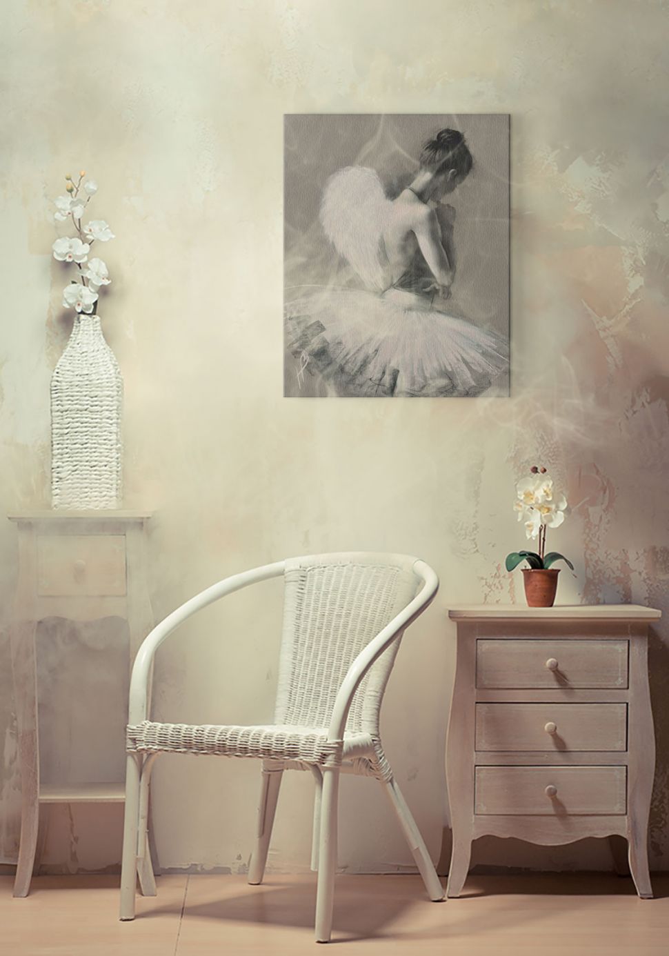 Obraz na płótnie Angel Wings II wiszący w pokoju nad białym krzesłem
