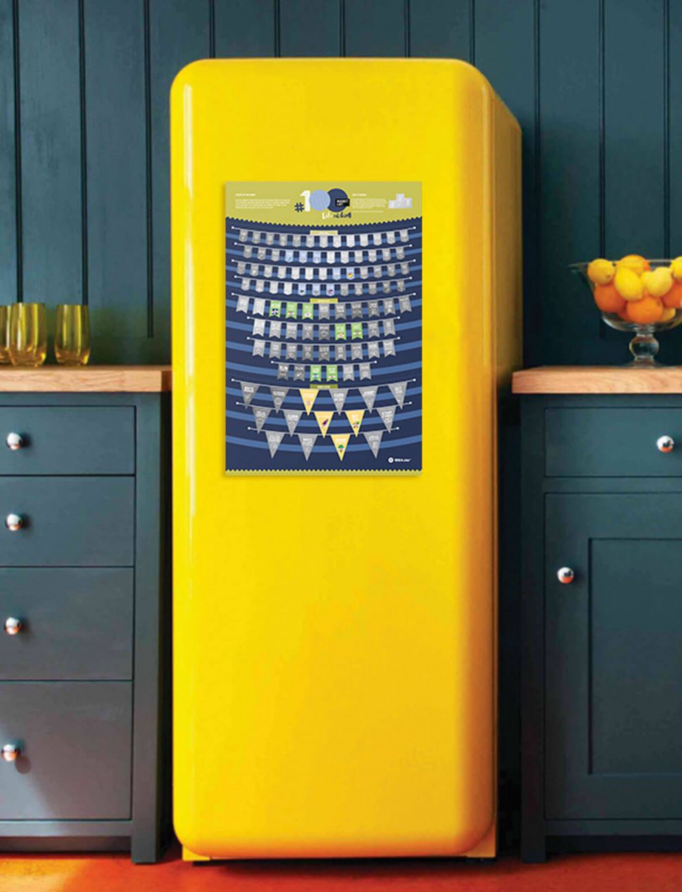 Plakat zdrapka #100 Bucketlist Life Edition wiszący na żółtej lodówce