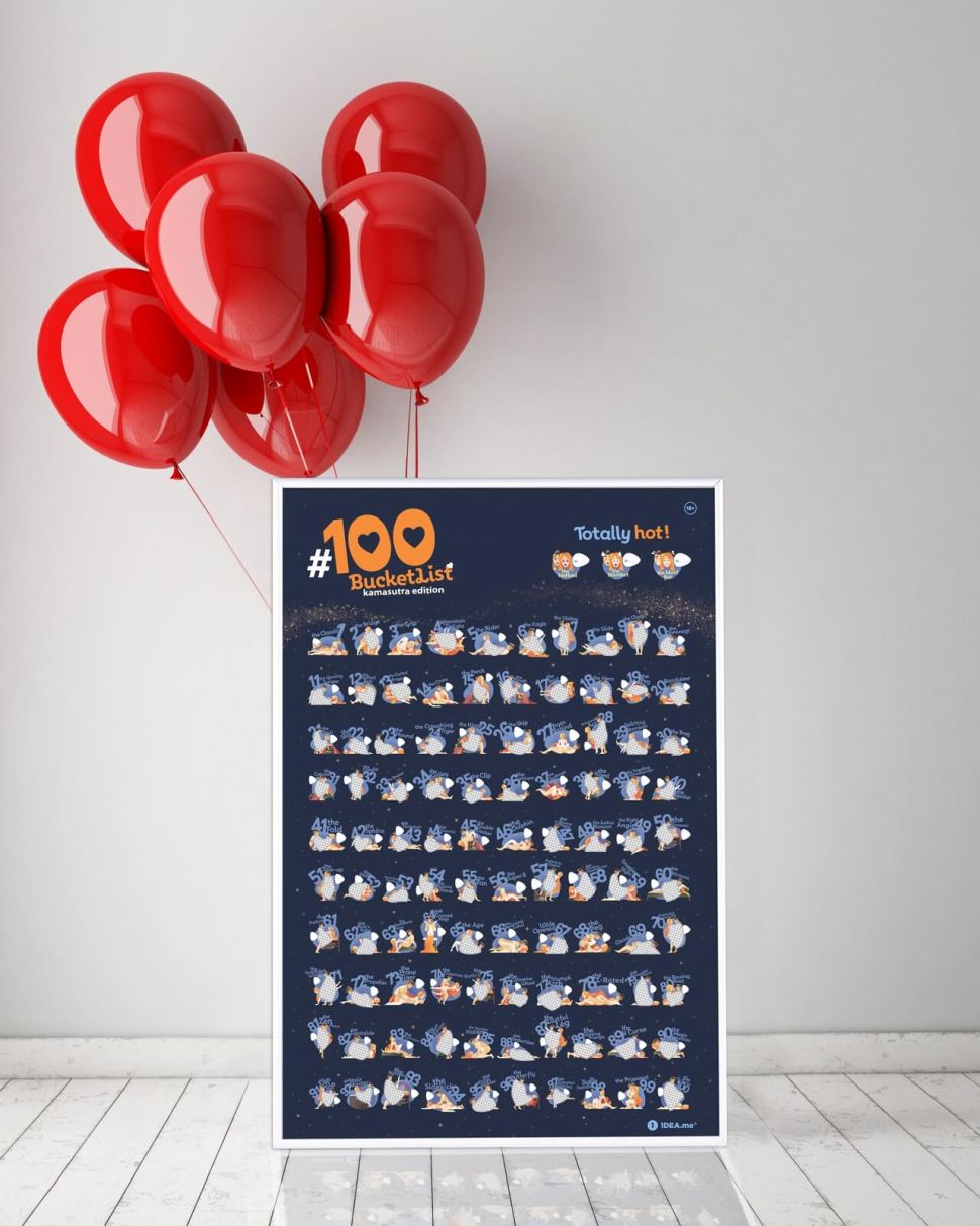 Plakat zdrapka #100 Bucketlist Kamasutra z czerwonymi balonami idealny na prezent
