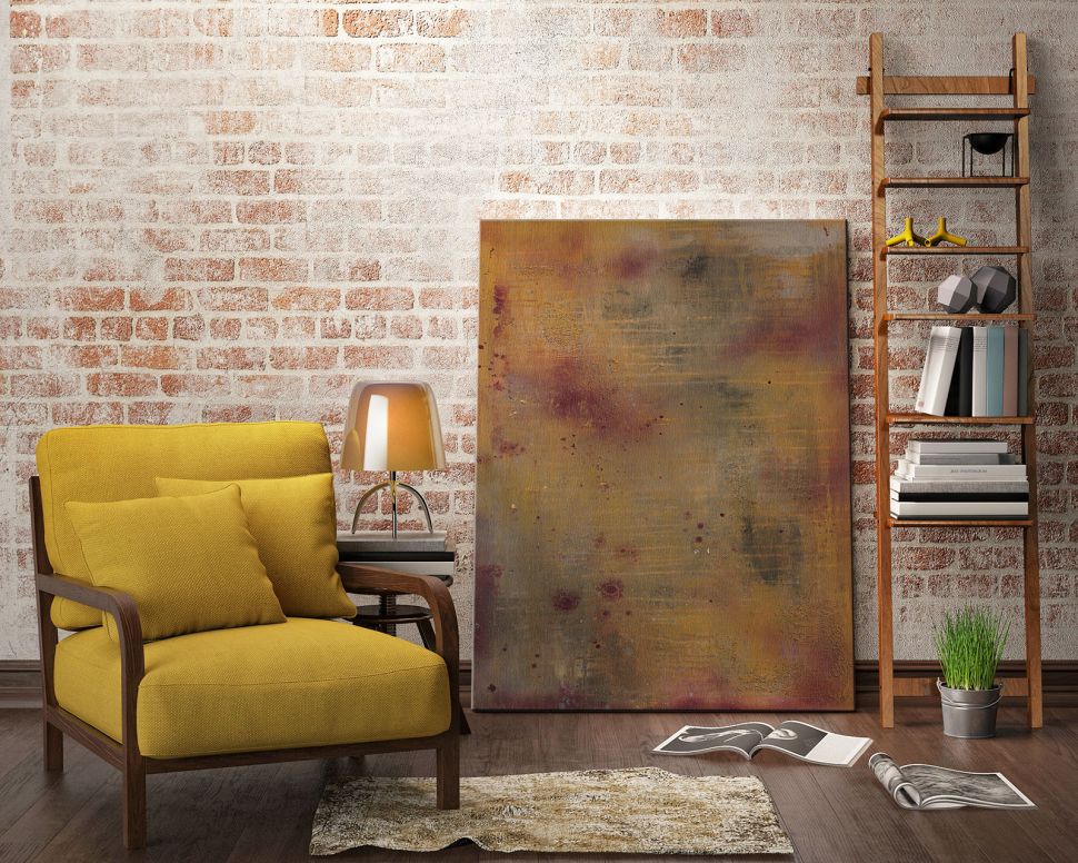 Obraz na płótnie Artisan Red stojący na drewnianej podłodze obok fotela