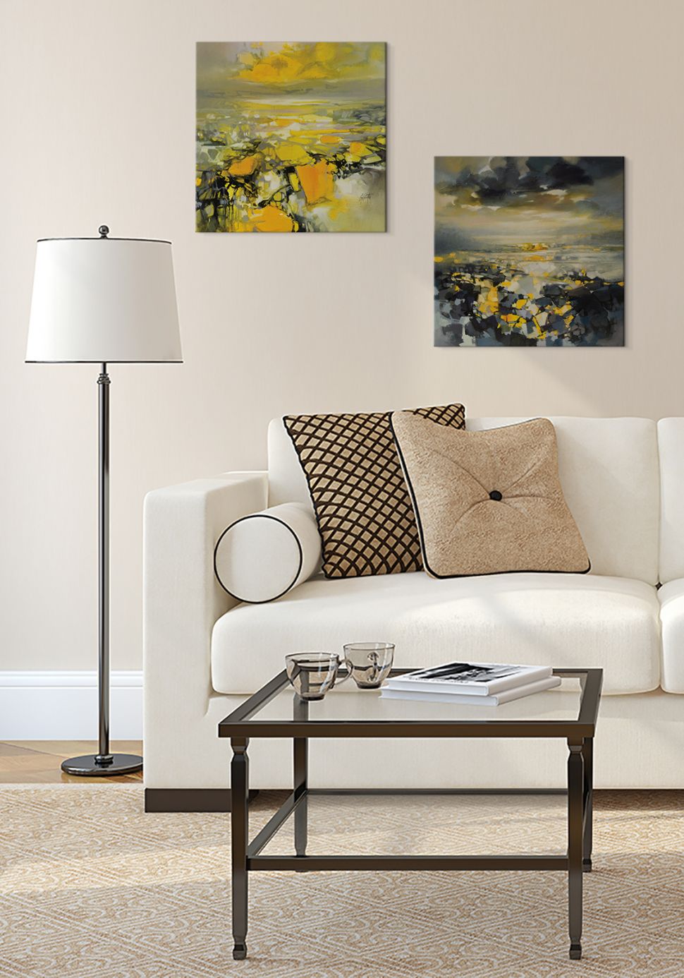 Abstrakcyjny obraz na płótnie Yellow Matter 1 wiszący w salonie nad białą kanapą