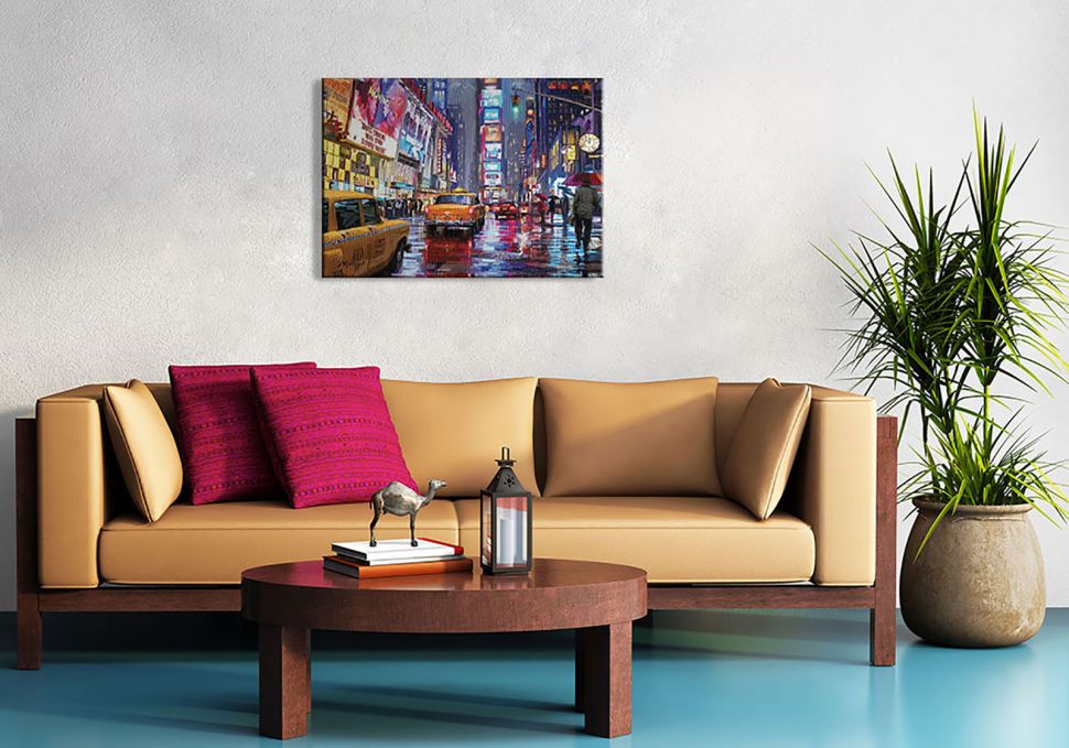 Obraz na płótnie Times Square z ulicą Nowego Jorku wiszący w salonie nad skórzaną kanapą